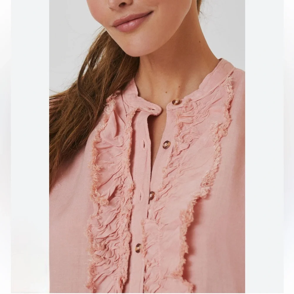 Anthropologie Pilcro linen blend Ruffled Placket Shirt peach - Picture 3 of 13